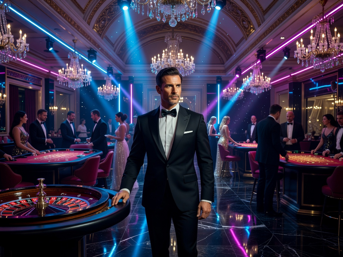 Bright cinematic luxury casino neon spotlight hero