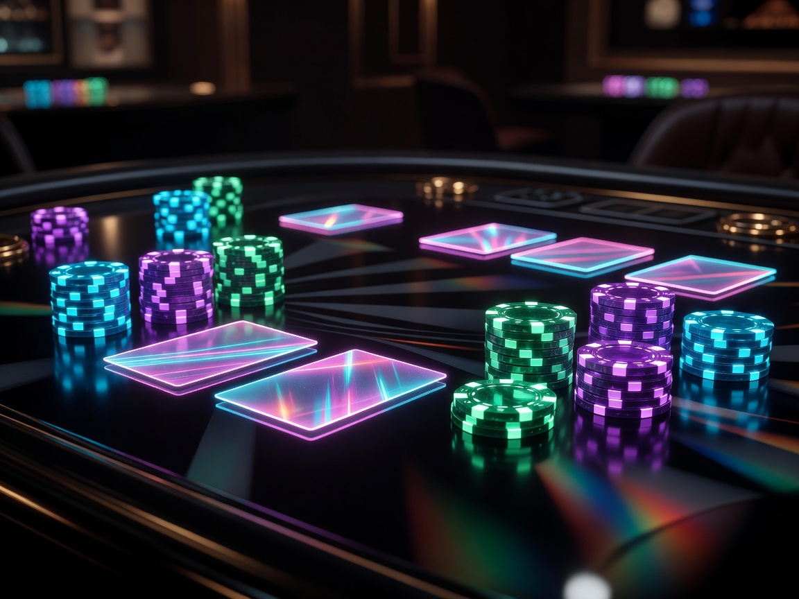 High-end virtual casino chips and glowing neon cards on a premium table
